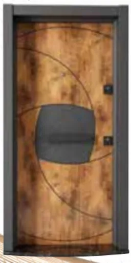 Laminox Series Brown Wood-Effect Exterior Door with Curved Panel Design