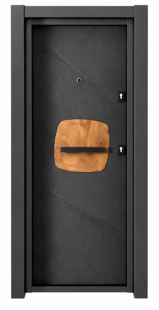 Laminox Series Dark Exterior Door with Wood-Look Accent Panel