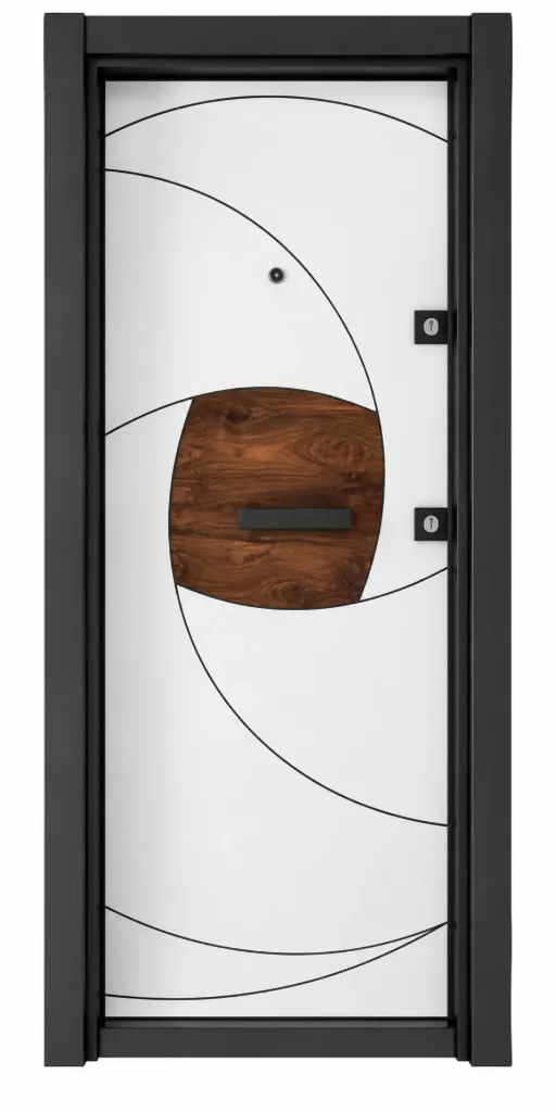 Porte extérieure Laminox Série à motif incurvé blanc avec accent central aspect bois