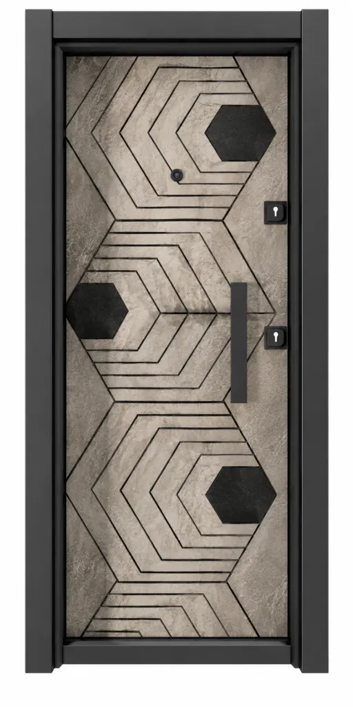 Porte extérieure Laminox Série motif hexagonal géométrique avec cadre sombre