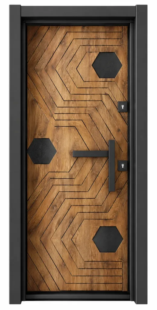 Laminox Geometric Wood-Look Exterior Door with Black Accents