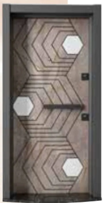 Porte extérieure géométrique brune de la série Laminox avec accents hexagonaux