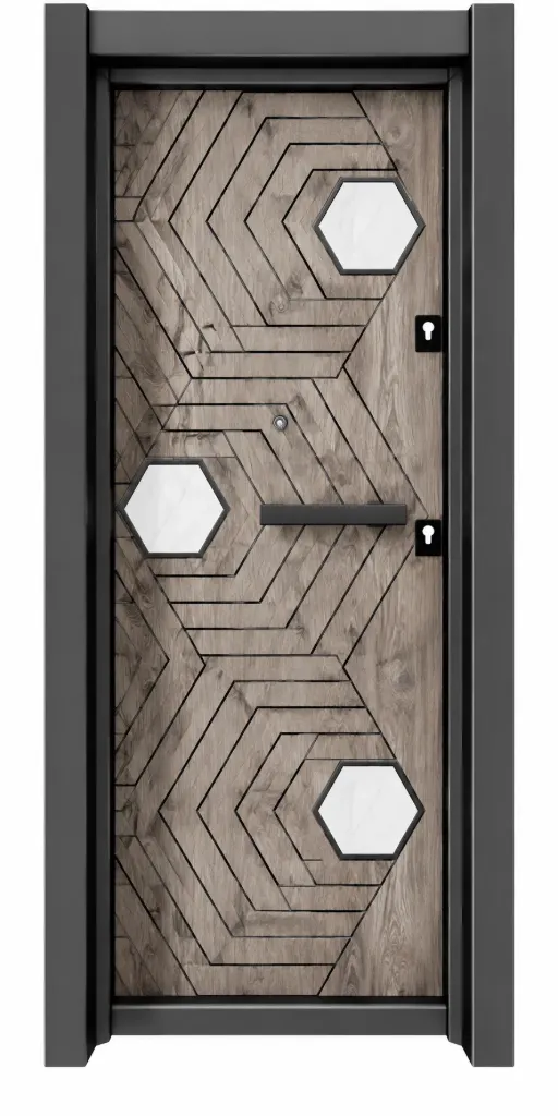 Porte extérieure géométrique brune de la série Laminox avec accents hexagonaux