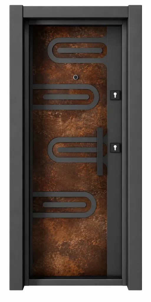 Laminox Series Brown Wood-Look Exterior Door with Dark Frame