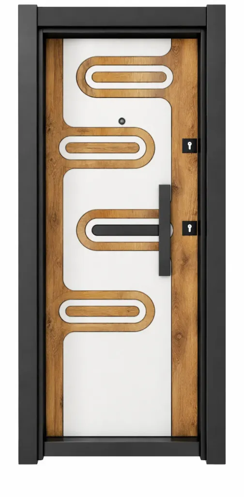 Porte extérieure série Laminox avec panneau géométrique aspect bois