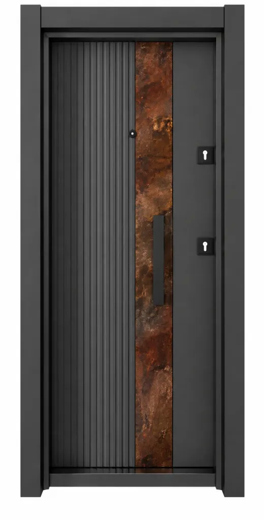 [BRG 2013AR] Porte extérieure série Laminox avec cadre sombre et panneau central effet bois (droite)
