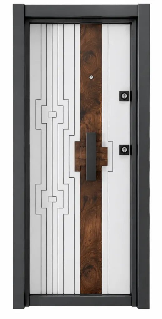 Laminox Series White Geometric Exterior Door with Wood-Look Accent