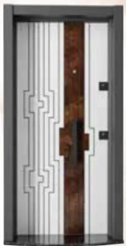 Porte extérieure géométrique blanche de la série Laminox avec accent imitation bois