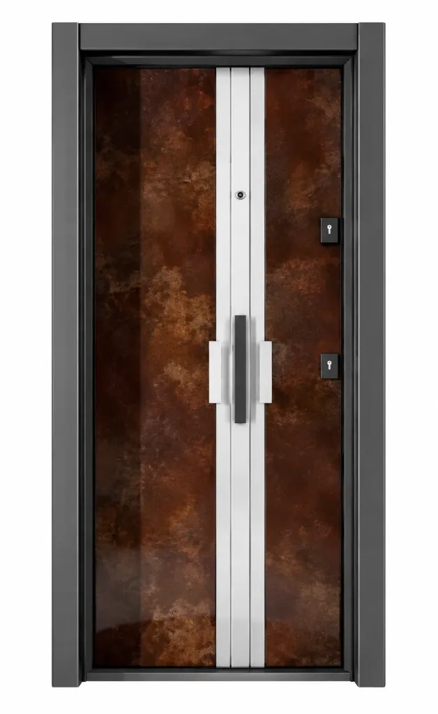 Porte extérieure effet bois foncé avec détail vertical central et poignées de tirage