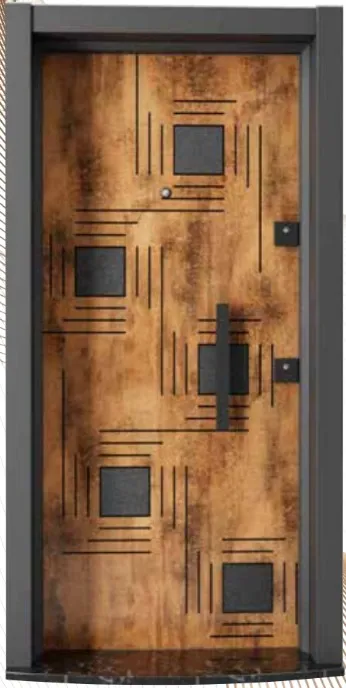 Porte extérieure géométrique marron série Laminox avec poignée noire