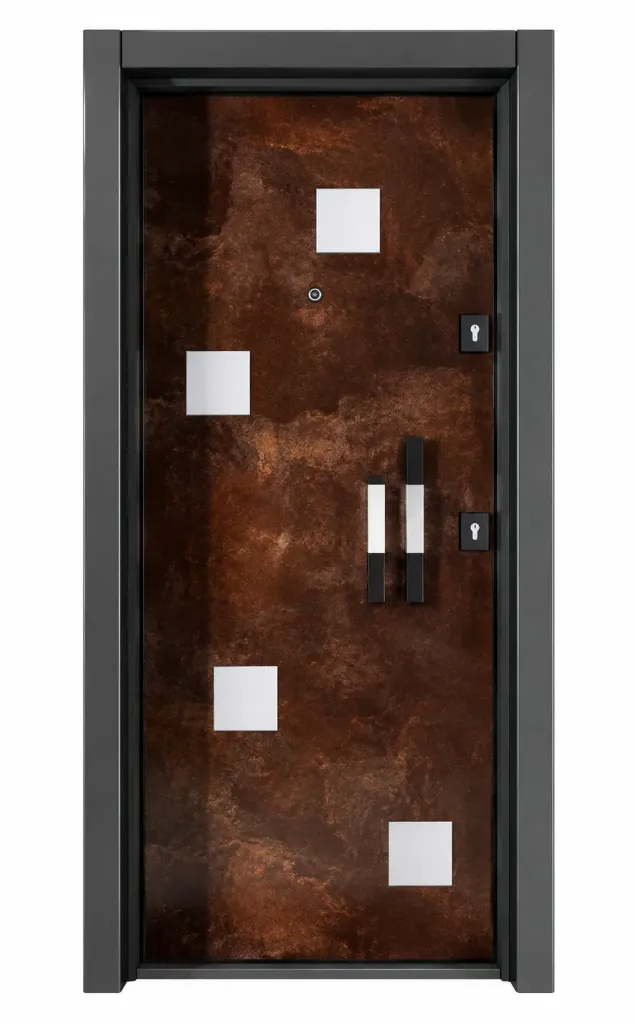Dark Brown Wood-Look Exterior Door with Square Glazed Inserts