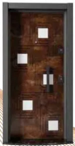 Porte extérieure aspect bois brun foncé avec inserts vitrifiés carrés