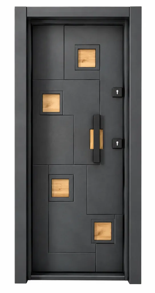 Laminox Series Black Exterior Door with Geometric Glazed Inserts