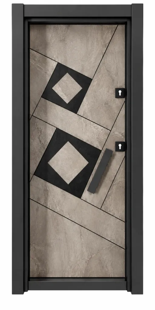 Porte extérieure Laminox Série Beige Géométrique et Noire avec Poignée Tirante
