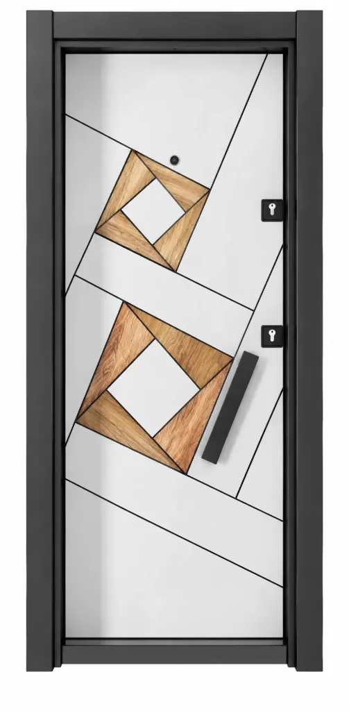Porte extérieure géométrique grise de la série Laminox avec accents aspect bois