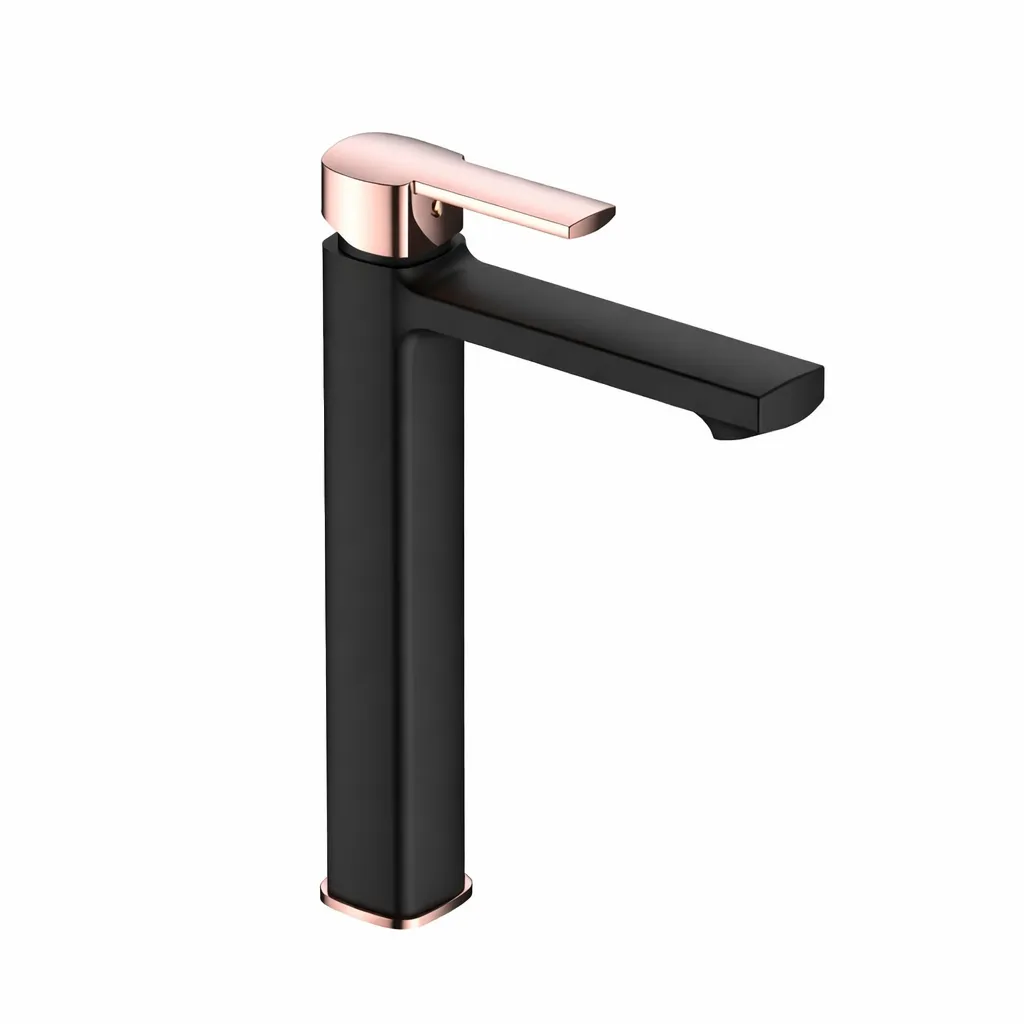 Pedra Black and Rose Gold Tall Wash Basin Faucet with Flat Spout