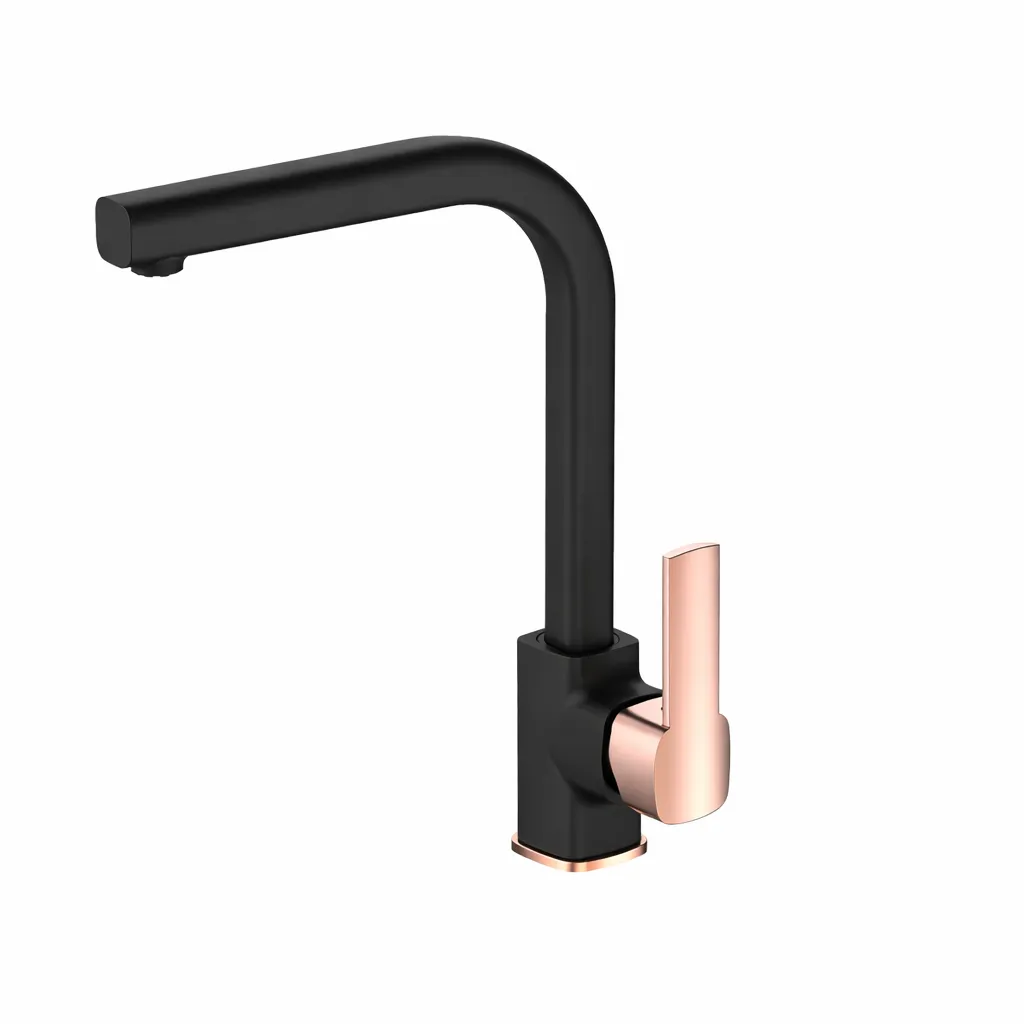 [MTE160-S-R] Pedra Black and Rose Gold L-Shaped Monoblock Sink Faucet with Single Lever