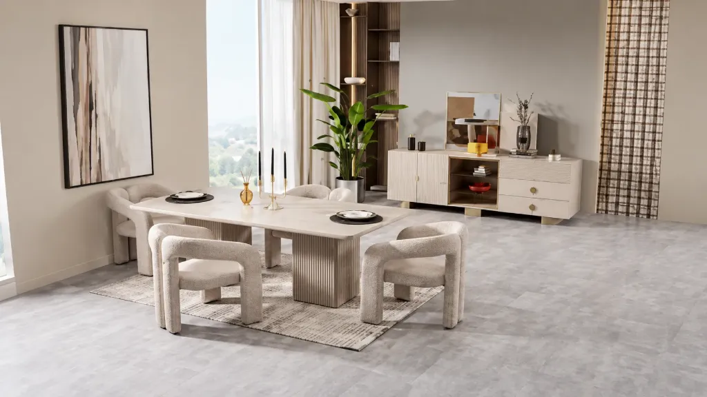 Amore Sandstone Dining Room Set with Console, Mirror and Dining Table