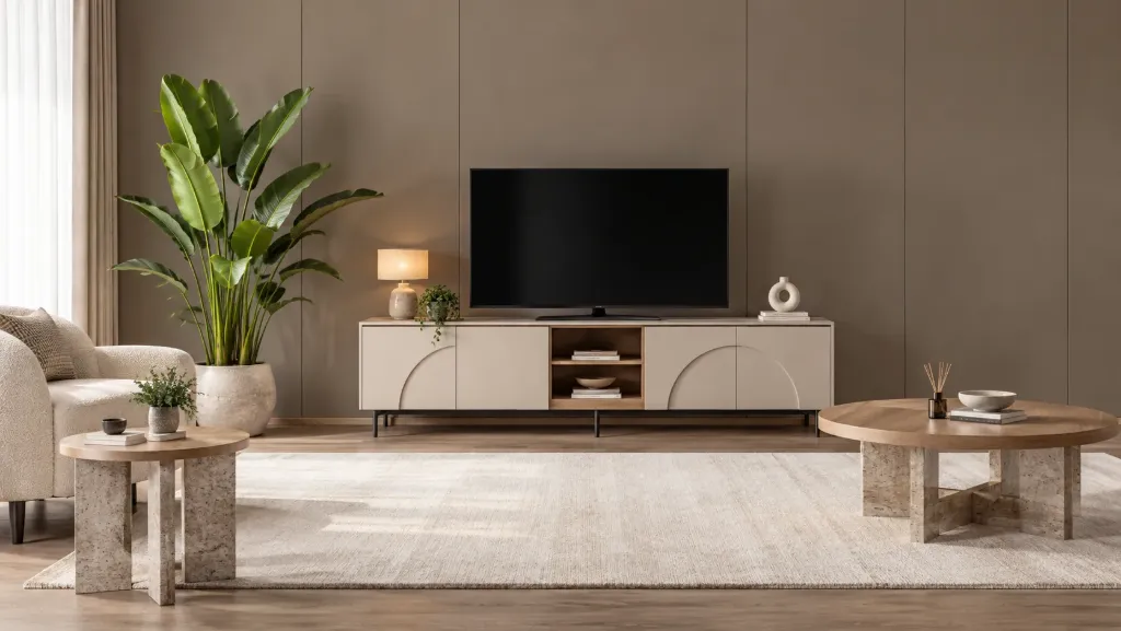 Ensemble de divertissement Rena en grès avec meuble TV, table basse et table d'appoint
