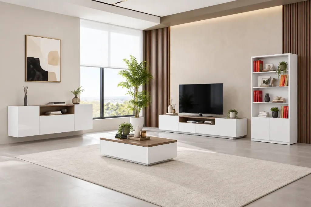 ARUS White Massa Entertainment Set with TV Stand, Coffee Table, Bookcase and Console
