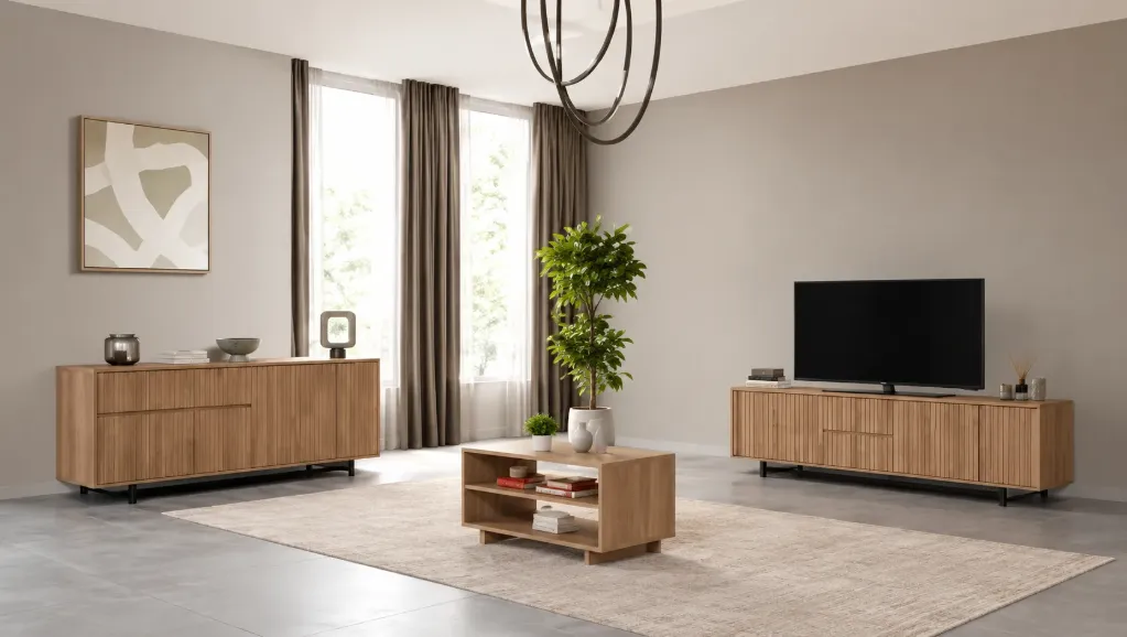 Vien Cadiz Entertainment Set with 3 Door Console, Mirror, Coffee Table and TV Stand