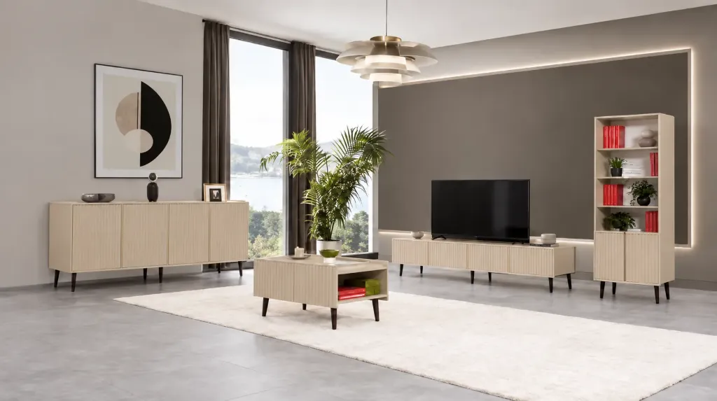 Ensemble de divertissement Seul Dafne avec bibliothèque, console, table basse et meuble TV