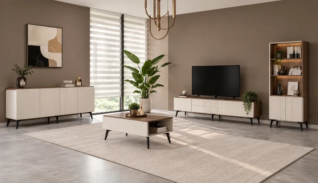 Ensemble de divertissement Kuvars Moonstone avec bibliothèque, console, table basse et meuble TV