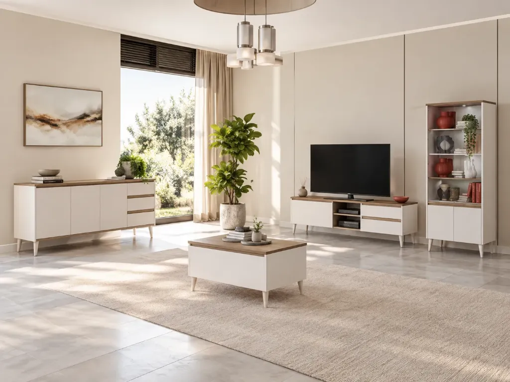 Ensemble de divertissement Sentra Moonstone avec bibliothèque, console, table basse et meuble TV