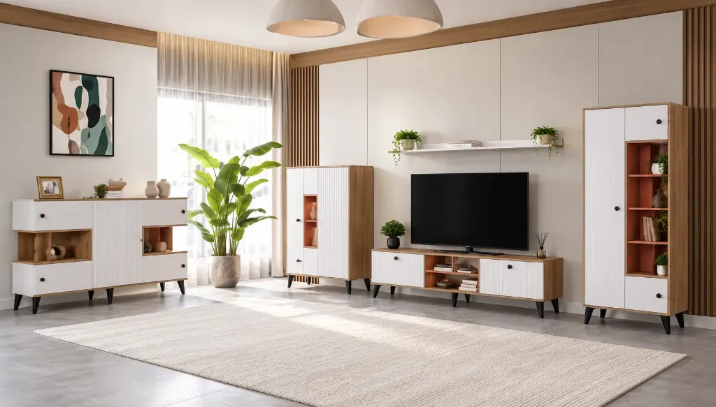 Ensemble de divertissement Alanya Klimt blanc avec console, meuble TV et bibliothèque