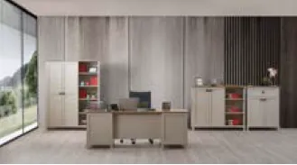 Sardis Sandstone Cadiz Office Furniture Set with Table, Cabinets and Bookcase