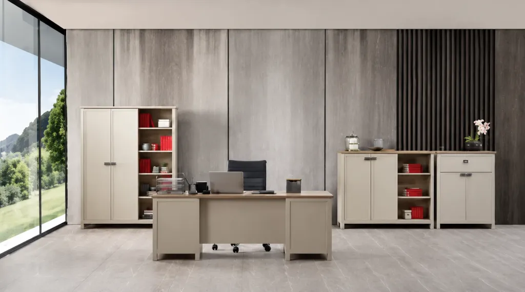 Sardis Sandstone Cadiz Office Furniture Set with Table, Cabinets and Bookcase