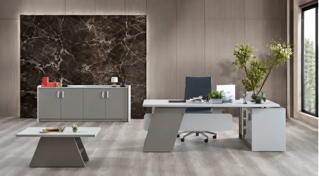 Etna Ash Grey and Light Grey Office Table, Cabinet and Coffee Table Set