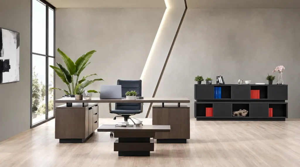 Ensemble de mobilier de bureau Edessa Aral noir avec table, armoire et table basse