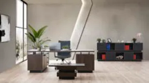 Ensemble de mobilier de bureau Edessa Aral noir avec table, armoire et table basse