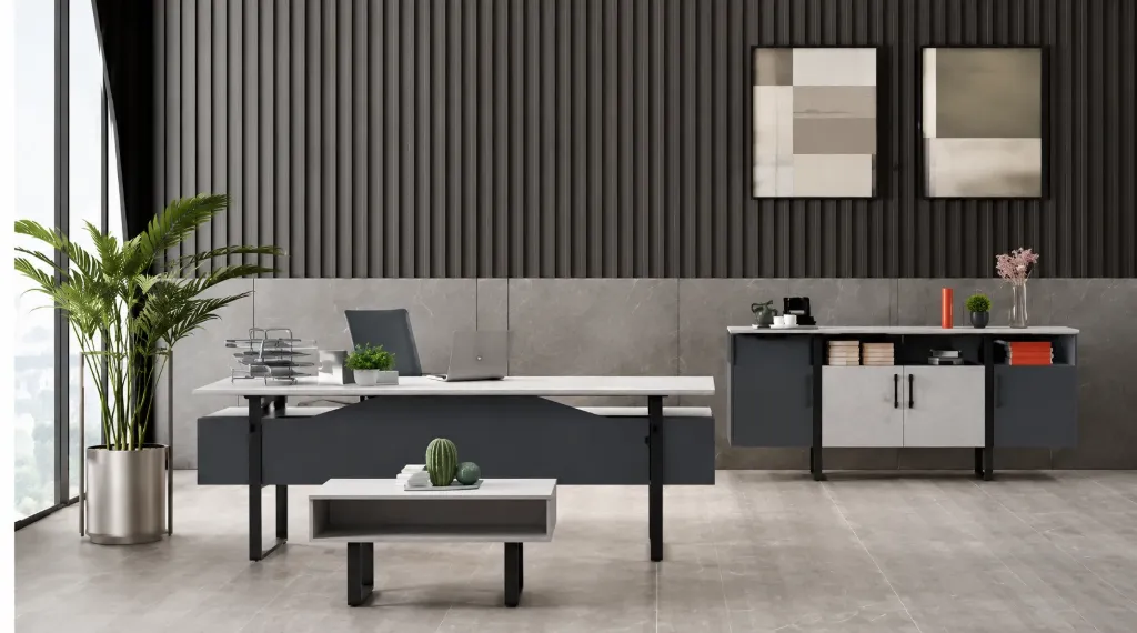 Ensemble de mobilier de bureau Athen Retro Stone Anthracite avec table, armoire et table basse