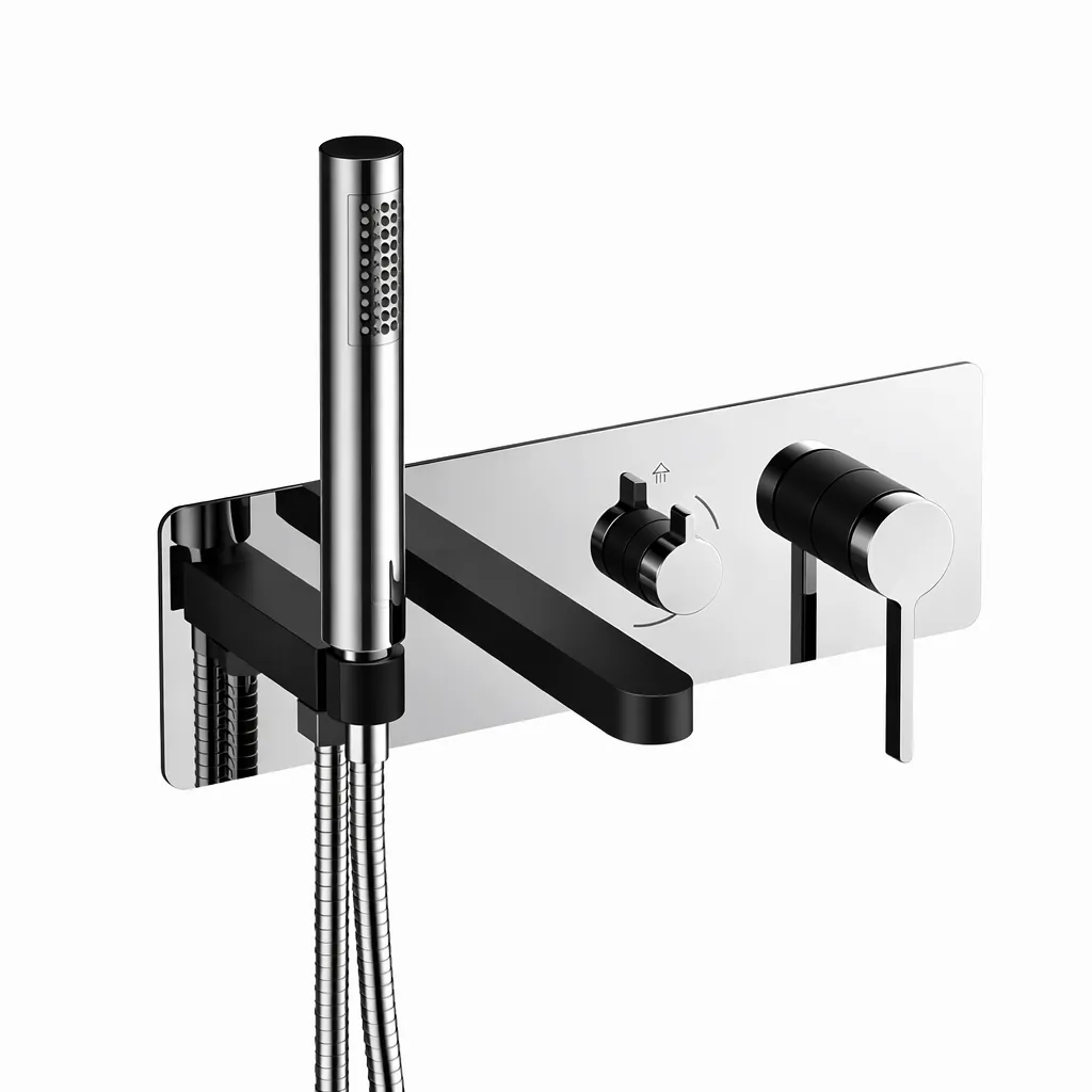 [MKA165-K-S] Gildo Black and Silver-Look Concealed Bathroom Mixer with Flat Spout and Hand Shower