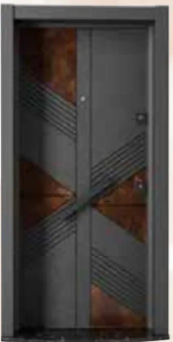 Laminox Series Dark Grey Exterior Door with Geometric Wood-Look Accents