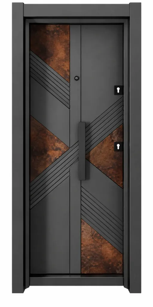 Laminox Series Dark Grey Exterior Door with Geometric Wood-Look Accents