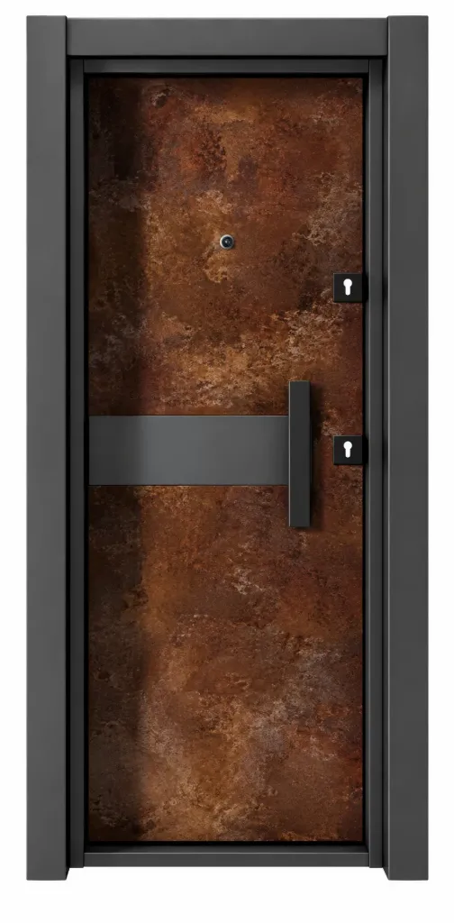 Porte extérieure Laminox série aspect bois brun avec accent horizontal
