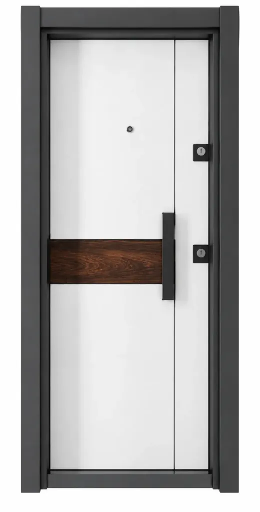 Porte extérieure blanche de la série Laminox avec accent horizontal marron