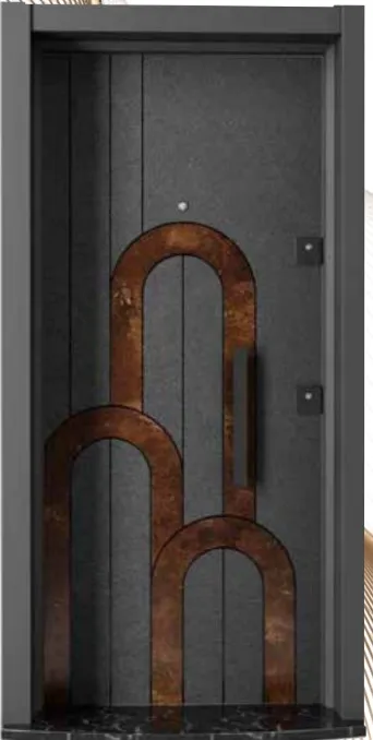 Porte extérieure Laminox Série gris foncé avec design arqué marron et poignée tirante