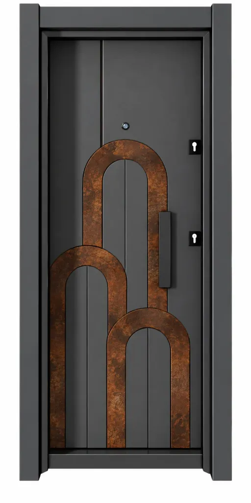 Porte extérieure Laminox Série gris foncé avec design arqué marron et poignée tirante