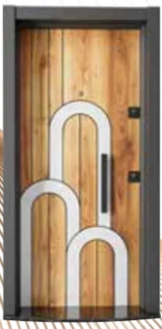 Porte extérieure Laminox série aspect bois avec panneaux décoratifs arqués