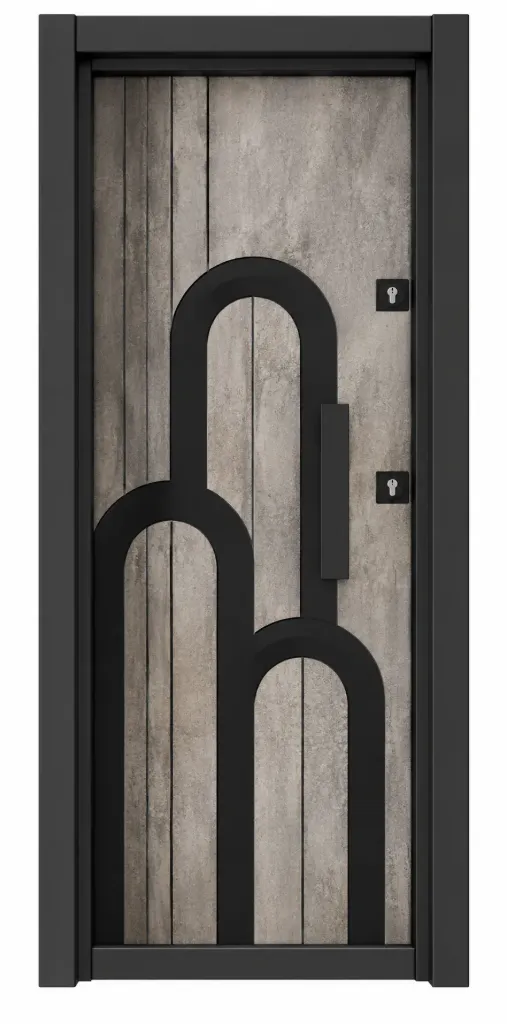 Laminox Series Wood-Look Exterior Door with Black Arched Design