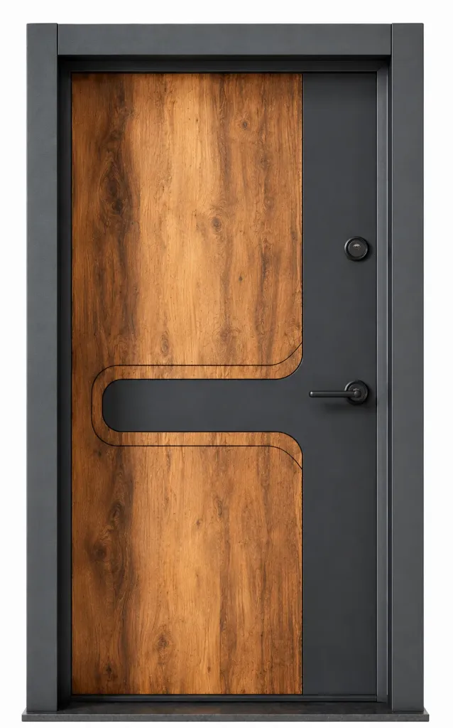 Laminox Series Wood-Look and Black Modern Exterior Door with Lever Handle