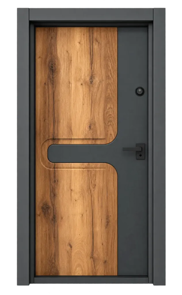 [BRG 2019OA] Porte extérieure moderne Laminox Série aspect bois et noir avec poignée à levier (droite)