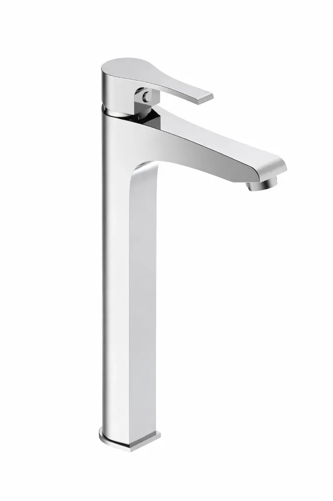 Atros Silver-Look Tall Countertop Wash Basin Faucet with Single Lever and Flat Spout