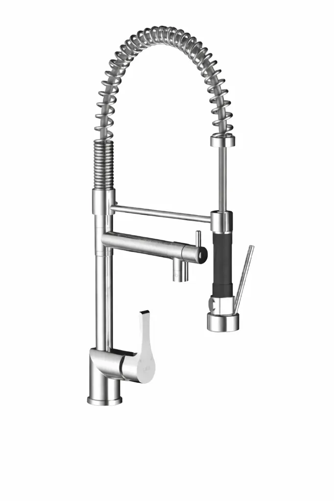 [MEE65] Atros Silver Industrial-Style High-Arc Spring Sink Faucet with Pull-Down Spray Head
