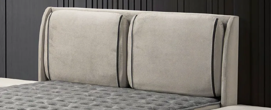 Tête de lit rembourrée aspect tissu beige Segura avec passepoil foncé (120x200)