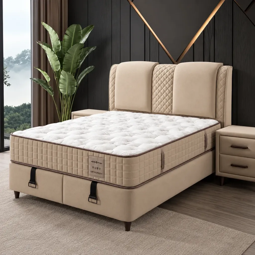 Ensemble de lit rembourré Reus beige avec matelas, sommier et tête de lit à panneaux (120x200)